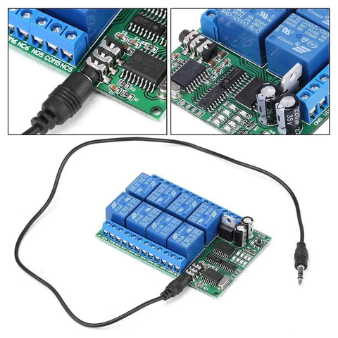 Eight Channel DTMF Relay Module For Phone Voice Control 12V DC Remote Switch Kit with 3.5mm audio cable and circuit close-up.