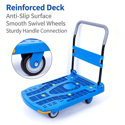Ultra Lightweight 60x90 Cm Plastic Platform Hand Truck With Silent Swivel Wheels, Workhorse Folding Dolly Cart For Warehouse, Supermarket, Garage, Courier Moving Luggage, Blue. Reinforced deck and wheel close-up