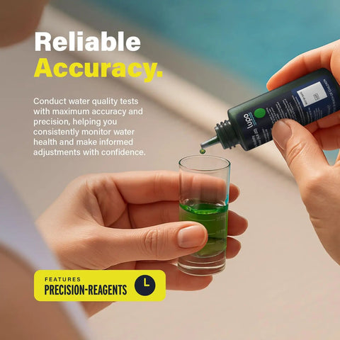 Close-up of a person using the Top Shelf 6 In 1 Pool Water Test Kit for Swimming Pools and Hot Tubs, adding reagent to test water.