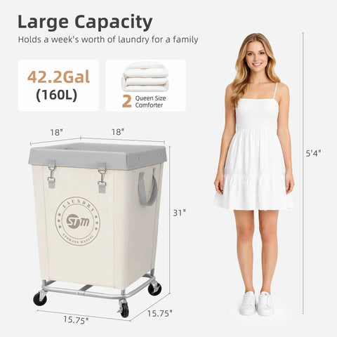 Heavy Duty Steel Frame Laundry Hamper Cart With Smooth Roll Along Wheels And Secure Pop Lid, Dang Sturdy Canvas Clothes Basket With Heaps Of Room For Big Families Or Hotels Solid Beige