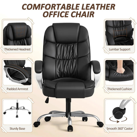 High Back PU Leather Desk Chair With Adjustable Height, Boss Level Modern Executive Swivel Task Chair Featuring Padded Armrests