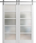Sliding Double Barn Doors Featuring Frosted Glass And Nordic White Finish 42 By 96 Inches, showcasing smooth dual panels with stainless steel track.