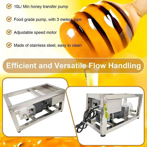 Adjustable Speed Industrial Honey Pump For Thick Liquids 6 To 10 L Per Minute, 90W Electric Food Grade Gear And CAM Rotor Pump With Pipe, Handles 800 To 4000 cP Viscosity, Up To 8 Kg Per Minute Honey Transfer. Stainless steel honey transfer pump with pipe and adjustable motor