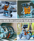 Collage of 4 different solar robots from the 12 In 1 Solar Power Robot Kit For Kids Aged 8 To 13, STEM Building Toy Set For Boys And Girls.