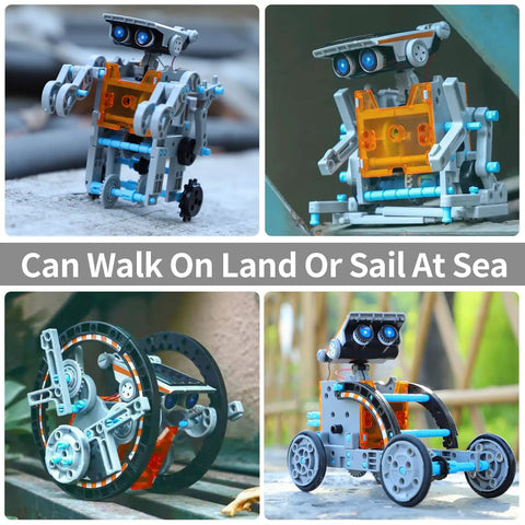 Collage of 4 different solar robots from the 12 In 1 Solar Power Robot Kit For Kids Aged 8 To 13, STEM Building Toy Set For Boys And Girls.