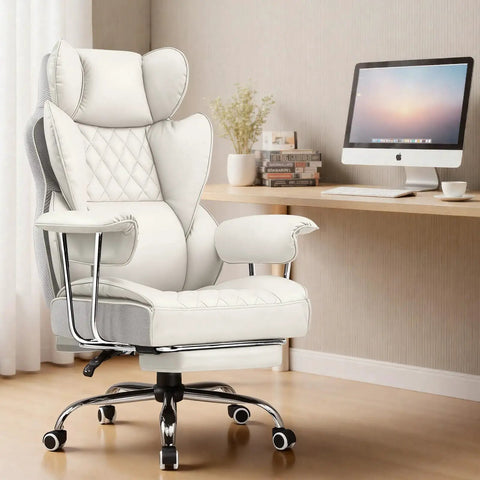 Big And Tall Office Chair With High Back Leather Retractable Footrest And Ergonomic 3D Lumbar Support in an office setting.