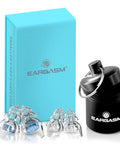 Smaller Ears Earplugs for Concerts and Festivals, high fidelity noise reduction earplugs with blue case and black carry container.