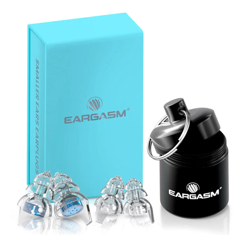 Smaller Ears Earplugs for Concerts and Festivals, high fidelity noise reduction earplugs with blue case and black carry container.