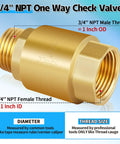 Side view of brass 3/4 in NPT inline one-way check valve with male and female threads