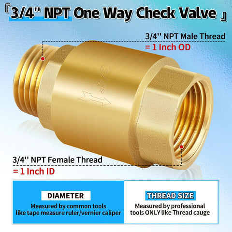 Side view of brass 3/4 in NPT inline one-way check valve with male and female threads