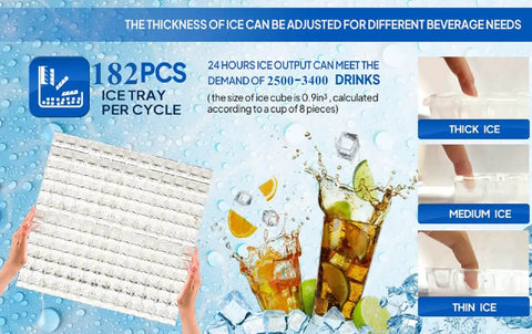 Infographic showing 182 ice cubes per cycle, beverage options, and adjustable ice thickness for Industrial 550 Lbs Per Day Commercial Ice Maker