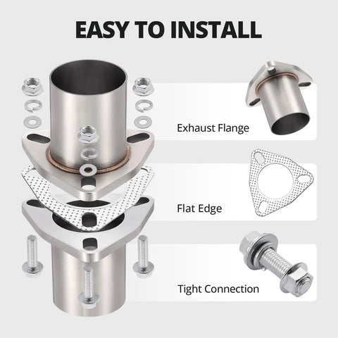 Beefy 3 Bolt Exhaust Flange Repair Kit With 304 Stainless Steel Pipes Gaskets And Hardware For Quick Fix On 2.25 Inch Universal Cars And Trucks showing exhaust flange, gaskets, and hardware.