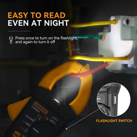 Digital Clamp Meter Multimeter With Auto Range 4000 Counts illuminating wires for nighttime testing