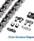Roller chain #35 with repair kit components including connecting links and pins in steel gray