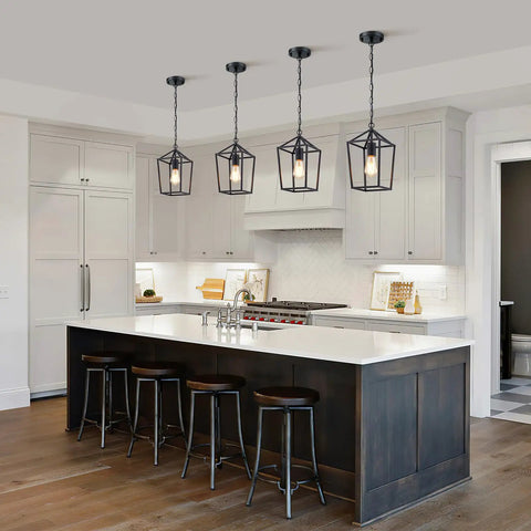 Totally Fresh 2 Pack Pendant Lights For Kitchen Island Featuring Modern Black Farmhouse Lantern Design, hanging over a kitchen island.