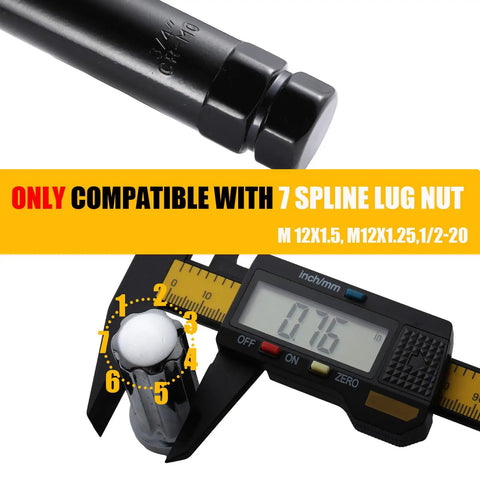 Hella Tough 7 Spline Lug Nut Key And Socket Wrench For Fuel Wheels And Rims M14 Thread, measuring 0.76in socket size for precision fit.