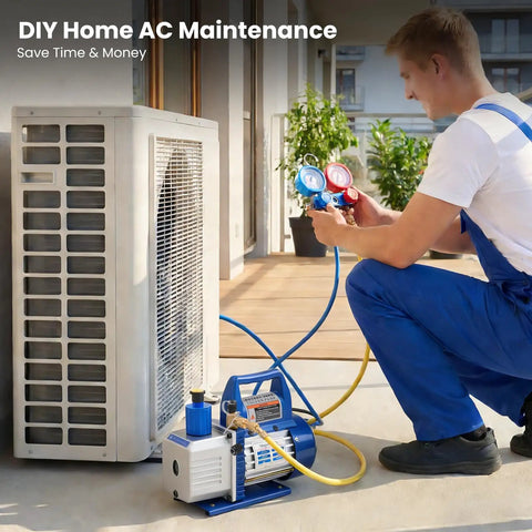 Technician uses 4 CFM Single Stage Vacuum Pump 110V With R134a AC Manifold Gauge Set And Leak Detector Complete HVAC Service Kit