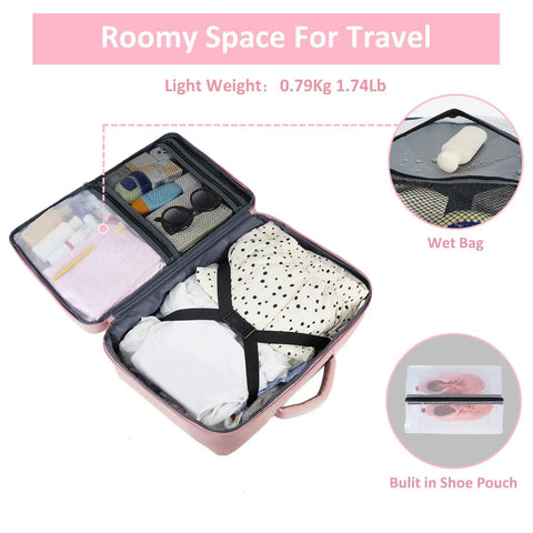 Open pink backpack showcasing compartments, including wet bag and shoe pouch, for Women Travel Backpack Carry On With Shoe Compartment And Water Bottle Pocket, TSA 15.6 Inch Laptop, Flight Approved, Wet Pocket, Nurse Bag, Casual Daypack For Weekend Getaways And Hiking, Pink.