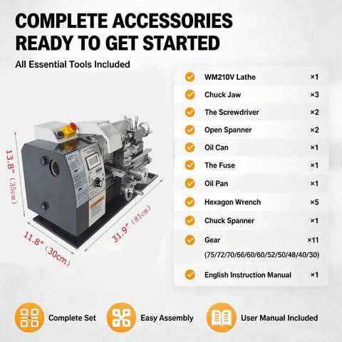 Jaryannix 900W Mini Bench Lathe 8x16 Inch Metal Woodworking Lathe With Variable Speed Control Up To 2500 RPM Digital Display with accessories.