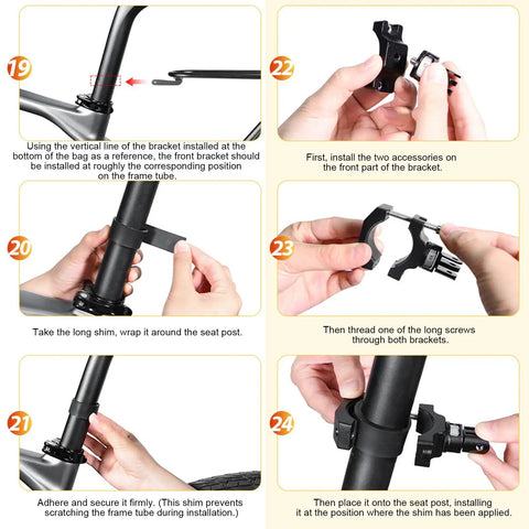 Installation guide for Sleek Carbon Fiber And Aluminum Rear Bike Rack For Mountain And Road Bikes with seat post shim details.
