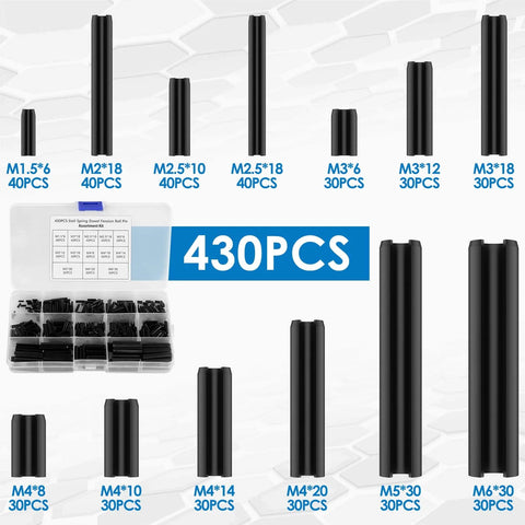 Image of Garage Ready 430 Piece Roll Pin Assortment Kit Pro Grade Carbon Steel Slotted Spring Pins for Cars with part sizes labeled
