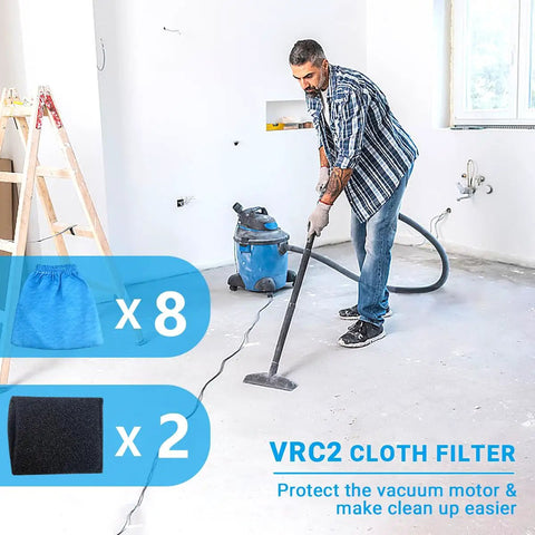 Man using wet dry vacuum with Pro Grade Cloth And Foam Filter Kit for Small Wet Dry Vacuums 1.5 To 3.2 Gallon
