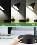 3 Way Dimmable Touch Desk Lamp With 2 USB Ports And AC Outlet, showing low, medium, high settings and touch control base