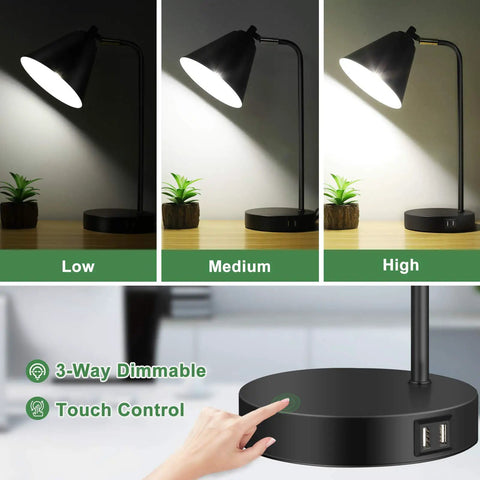 3 Way Dimmable Touch Desk Lamp With 2 USB Ports And AC Outlet, showing low, medium, high settings and touch control base