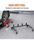 Car Dolly Rack Storage Organizer with 360 Degree Rotatable Wheels next to car tire and black trolley in garage setting.