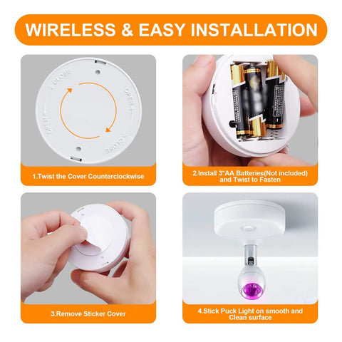 Installation steps for Cordless Indoor RGBW LED Spotlight Kit With Remote Control 13 Color Options Wireless Uplights