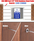 Split image of a stainless steel cable spool and wire inserted with and without protector sleeves in wood post