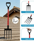 Pro Grade Two Pack Four Tine Tear Off Tool on a roof, featuring thick D grip handle, ideal for shingle removal.
