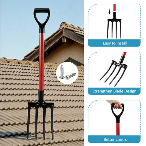 Pro Grade Two Pack Four Tine Tear Off Tool on a roof, featuring thick D grip handle, ideal for shingle removal.