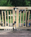 Wooden gate with Heavy Duty Black Gate Hinges 3.5 Inch With Screws Pack Of 6 for wood fences and barn doors outdoor setup.