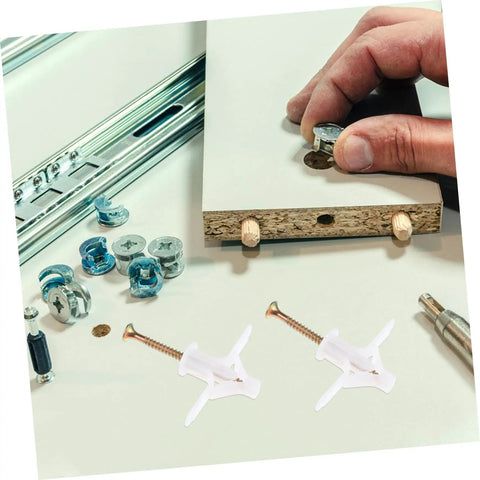 Hand assembling furniture with 100 Piece Aircraft Type Expansion Screws Set For Easy Self Tapping Drywall Anchors Kit Heavy Duty Home DIY Projects