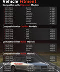 Chart of vehicle compatibility for Chevrolet, Cadillac, Buick, and GMC with background image of a car