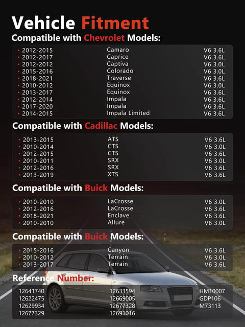Chart of vehicle compatibility for Chevrolet, Cadillac, Buick, and GMC with background image of a car