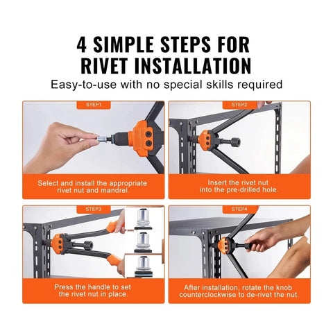 Super Cool 16 Inch Rivet Nut Tool Kit With Labor Saving Design, Featuring 13 Metric Sae Mandrels And A Bunch Of Rivet Nuts For Easy Auto Repair And Fastening Jobs Without Breaking A Sweat. 4-step rivet nut installation guide