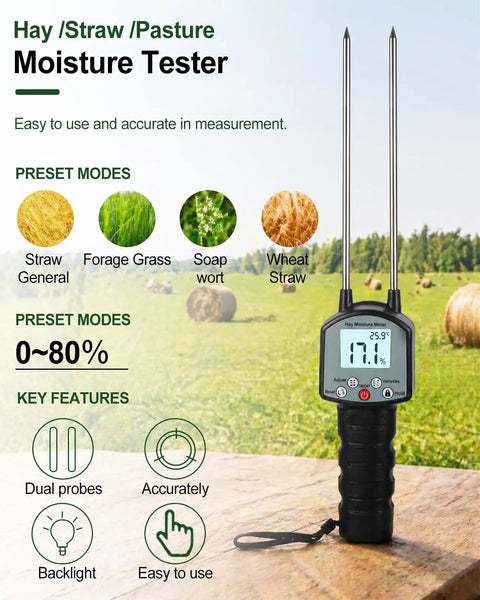Hay Moisture Tester With Long Probe, Portable bale meter with dual stainless steel probes and digital display
