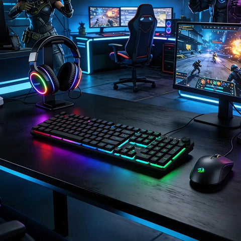 Dope Full Size Gaming Keyboard With Quick Turn Volume Knob, 104 Keys Wired PC Peripheral Featuring Fresh RGB Lighting And Crisp Feedback For Weekend Warriors on a gaming desk.
