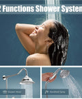 Polished Chrome Shower System With 8 Inch Rainfall Head 12 Inch Extension Tube Handheld Spray Dual Lever Mixer All Metal Brass Construction Wall Mount Bathroom Combo Set Easy Install And No Fuss Water Control with woman using handheld spray