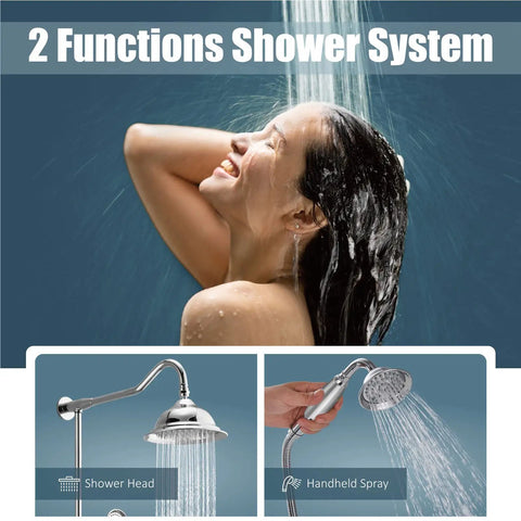 Polished Chrome Shower System With 8 Inch Rainfall Head 12 Inch Extension Tube Handheld Spray Dual Lever Mixer All Metal Brass Construction Wall Mount Bathroom Combo Set Easy Install And No Fuss Water Control with woman using handheld spray