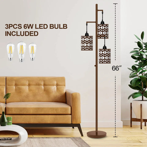 Dimmable Industrial Floor Lamp Tall Standing Lamp With Oil Rubbed Bronze Finish Vintage Tree Farmhouse Rustic Style 3 LED Bulbs 800LM Each Metal Shade Stepless Dimmer Rotary Control For Living Room And Bedroom next to a sofa