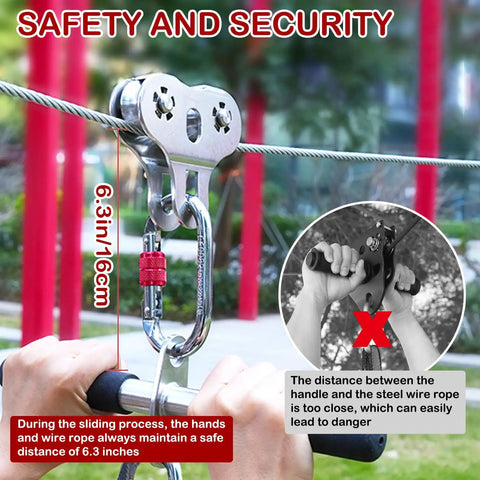 Heavy Duty Stainless Steel Zipline Pulley Kit 2 Pack With Tandem Speed Double Trolley for 1/4 to 3/8 Inch Cable in use outdoors