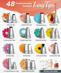 Aluminum cake decorating tips set, 48-piece; shows assorted piping tip shapes and booklet.