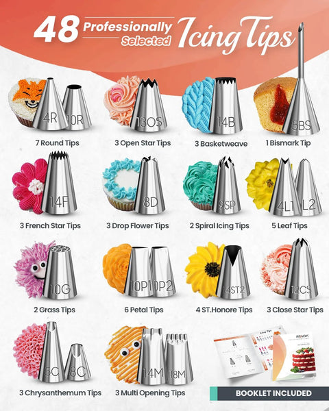Aluminum cake decorating tips set, 48-piece; shows assorted piping tip shapes and booklet.