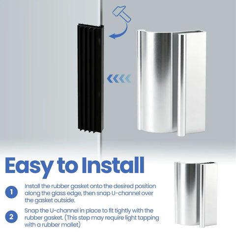 Installation guide for Sleek Chrome Shower Door Pull Handle For Frameless Sliding Glass Panels with rubber gasket and U-channel.