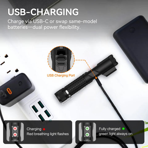 Go To 1200 Lumen Dual Beam LED Flashlight With White And Red Light, Zoomable, USB C Quick Charge and charging indicators
