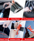 Grab And Go Car Roadside Emergency Kit with flashlight, snow shovel, tire gauge, repair tools, seatbelt cutter, window breaker.