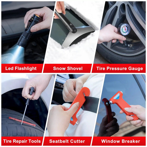 Grab And Go Car Roadside Emergency Kit with flashlight, snow shovel, tire gauge, repair tools, seatbelt cutter, window breaker.